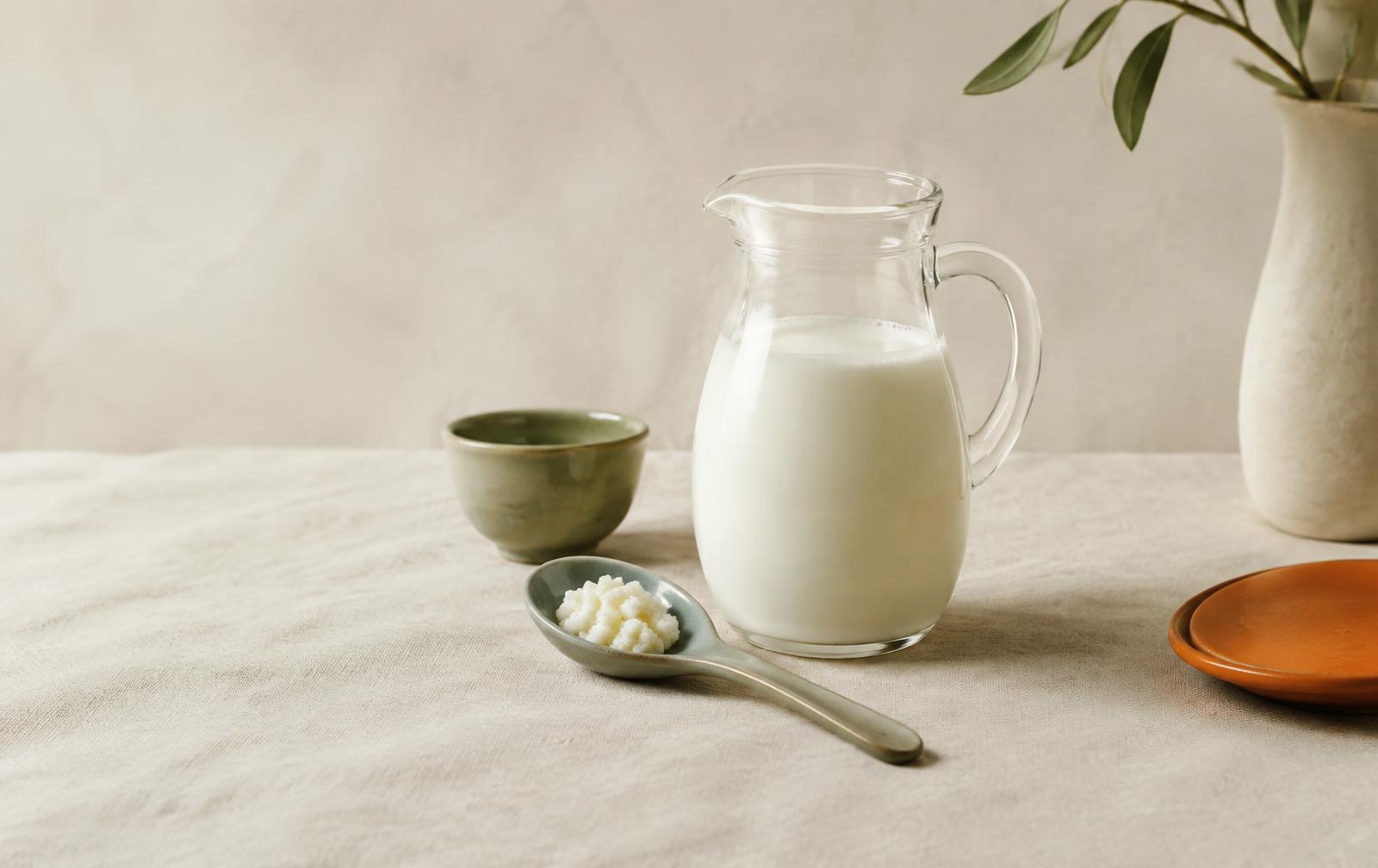 Jarra de leche y gránulos de kéfir sobre lino crema
