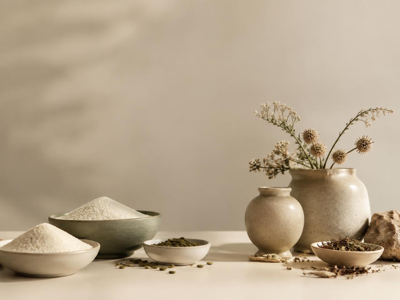 Polvos de proteína y botánicos en recipientes de cerámica en tonos crema y salvia