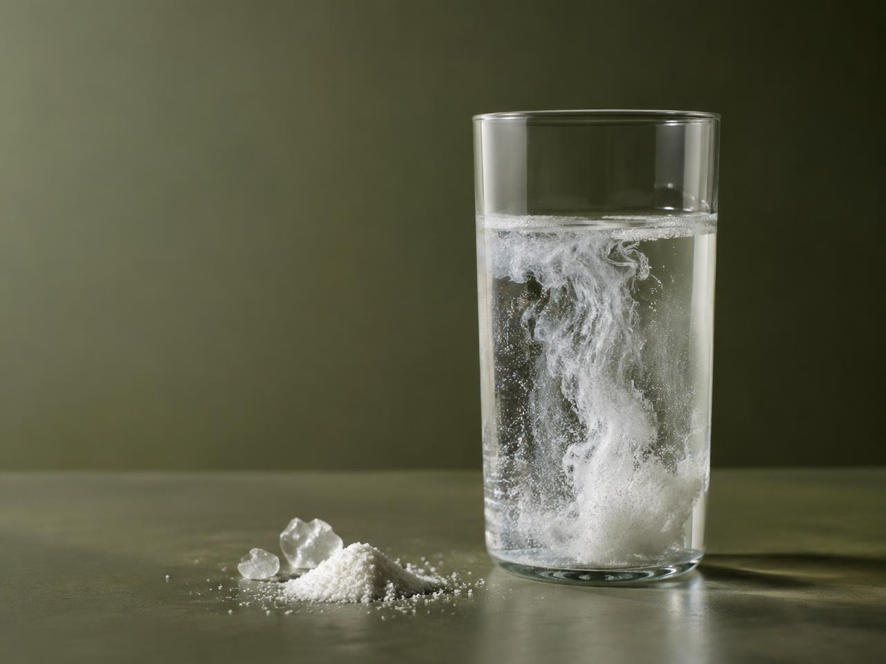 Electrolitos en polvo disolviéndose en un vaso de agua junto a cristales minerales